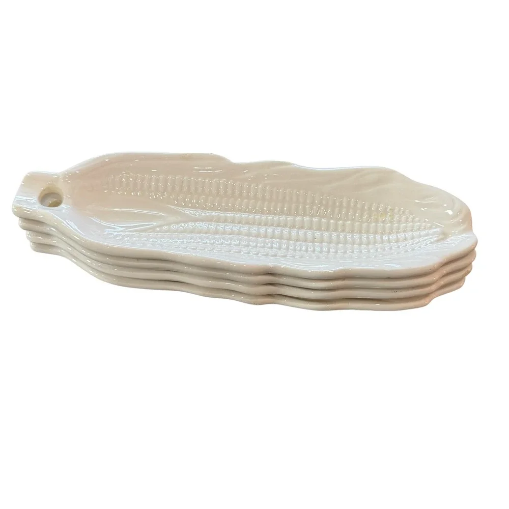 Vintage Pier 1 Japan White Ceramic Corn Dishes Set of 4 Corn Cob Serving Trays